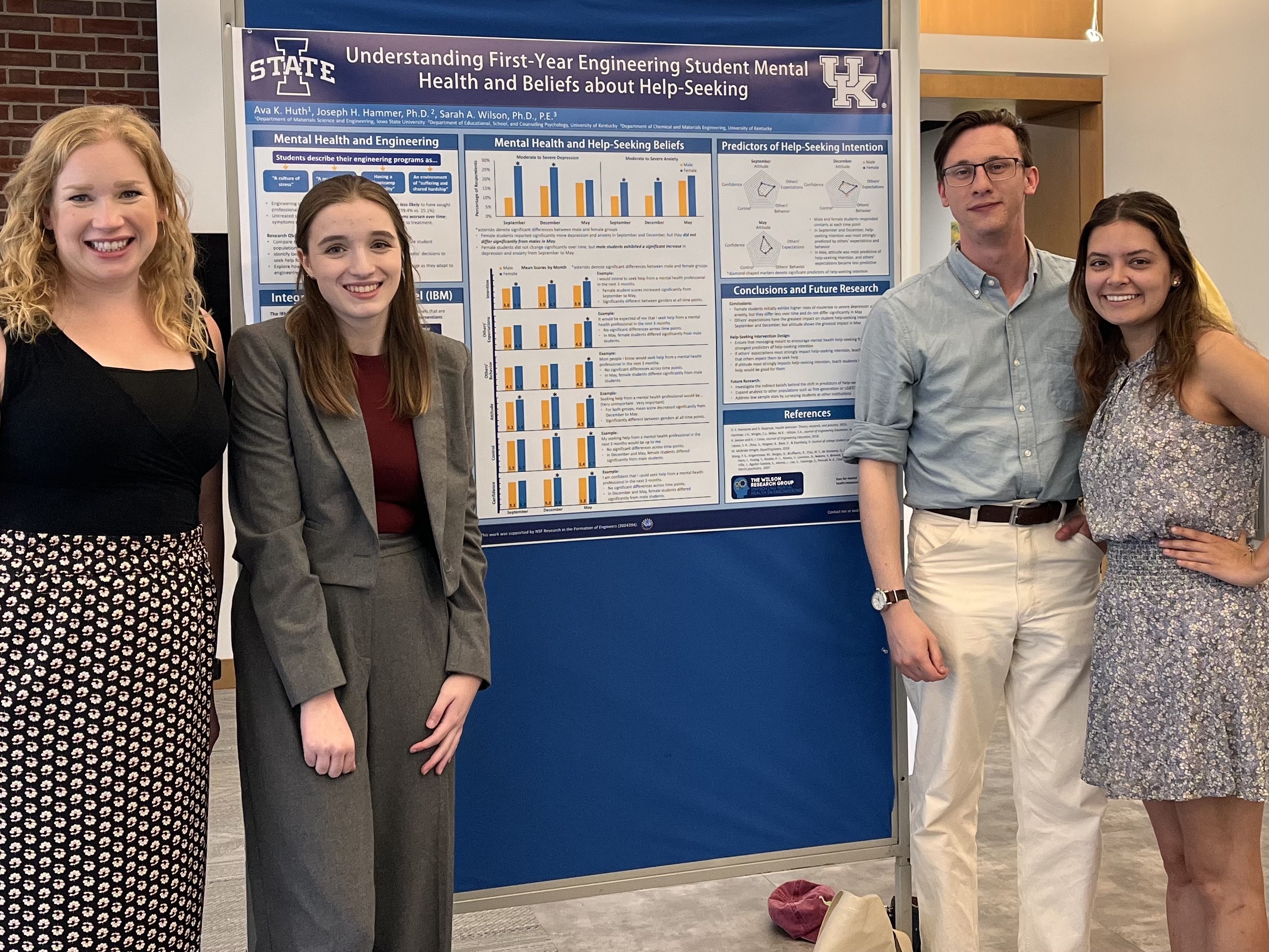 Dr. Wilson, Ava (Undergraduate REU student), Matt (PhD student) and Sara (Undergraduate researcher) in front of Ava's research poster